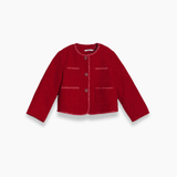 The KIKI and JOJO Girls Tweed Jacket in cranberry red features long sleeves, white trim, two front pockets, and champagne gold buttons, displayed on a plain white background.