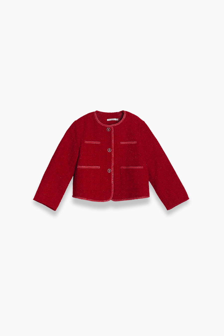 The KIKI and JOJO Girls Tweed Jacket in cranberry red features long sleeves, white trim, two front pockets, and champagne gold buttons, displayed on a plain white background.