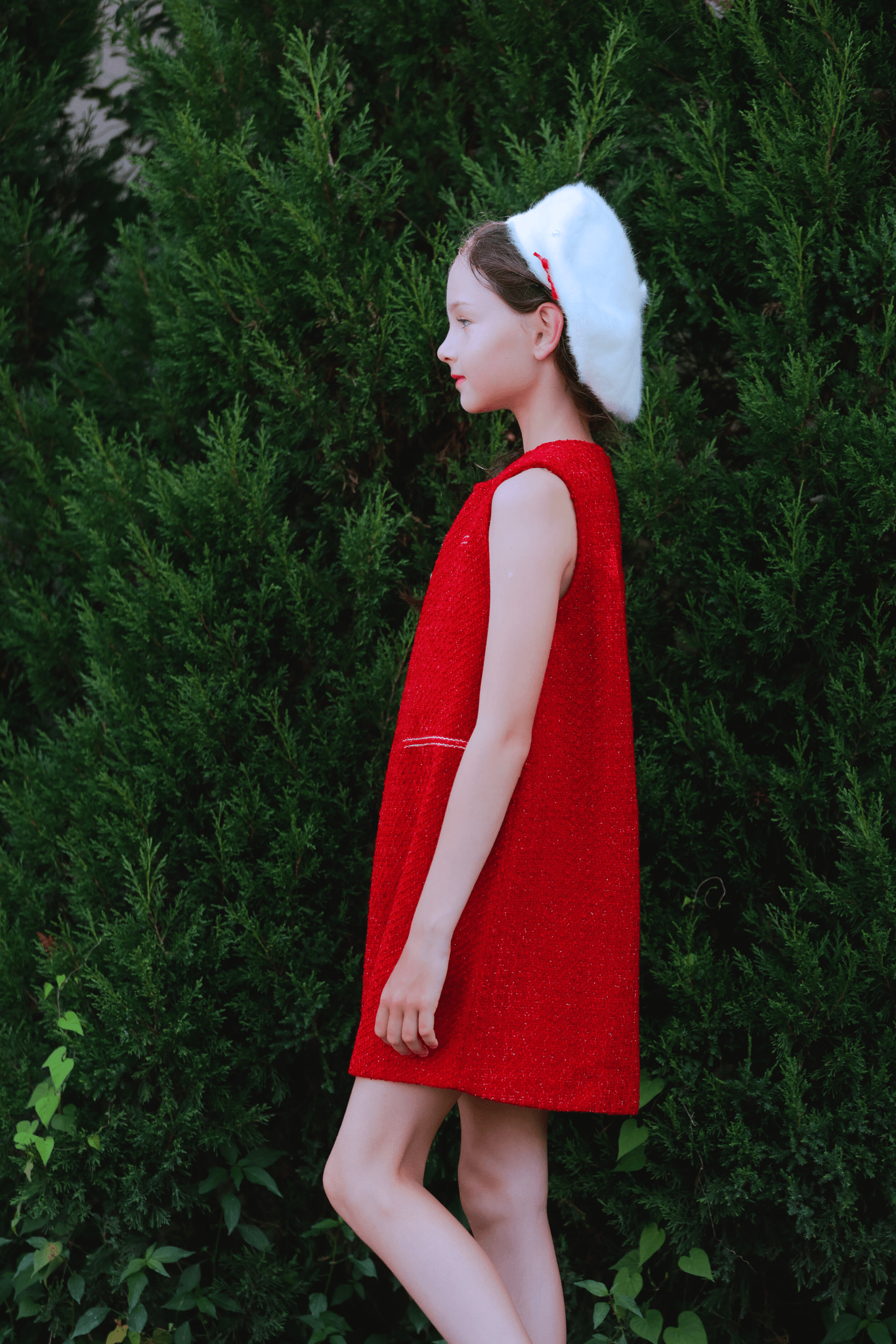 Girls Sequined Tweed Dress - Cranberry Red