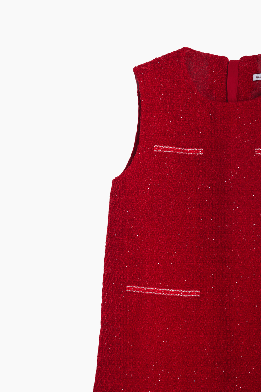 The KIKI and JOJO Girls Tweed Dress in cranberry red features a sleeveless A-line silhouette, textured fabric, and two front slit pockets, ideal for festive occasions. Shown against a white background.