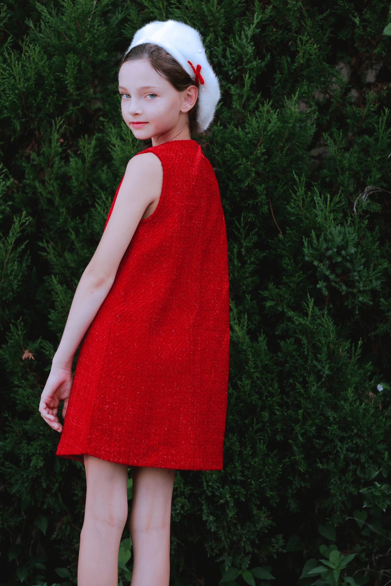 Girls Sequined Tweed Dress - Cranberry Red