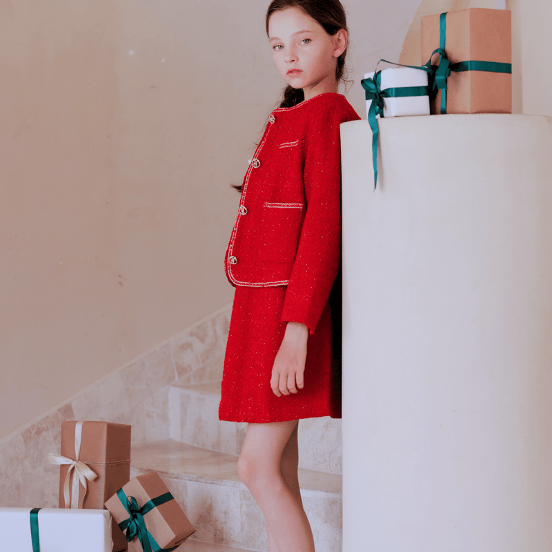 KIKI and JOJO | Girls Sequined Tweed Dress – Cranberry Red KIKI and JOJO | Girls Sequined Tweed Dress – Cranberry Red