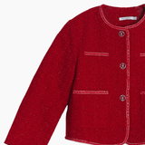 The KIKI and JOJO Girls Tweed Jacket in cranberry red features long sleeves, a cropped fit, four front pockets, a round neckline, and champagne gold buttons—shown against a white background.
