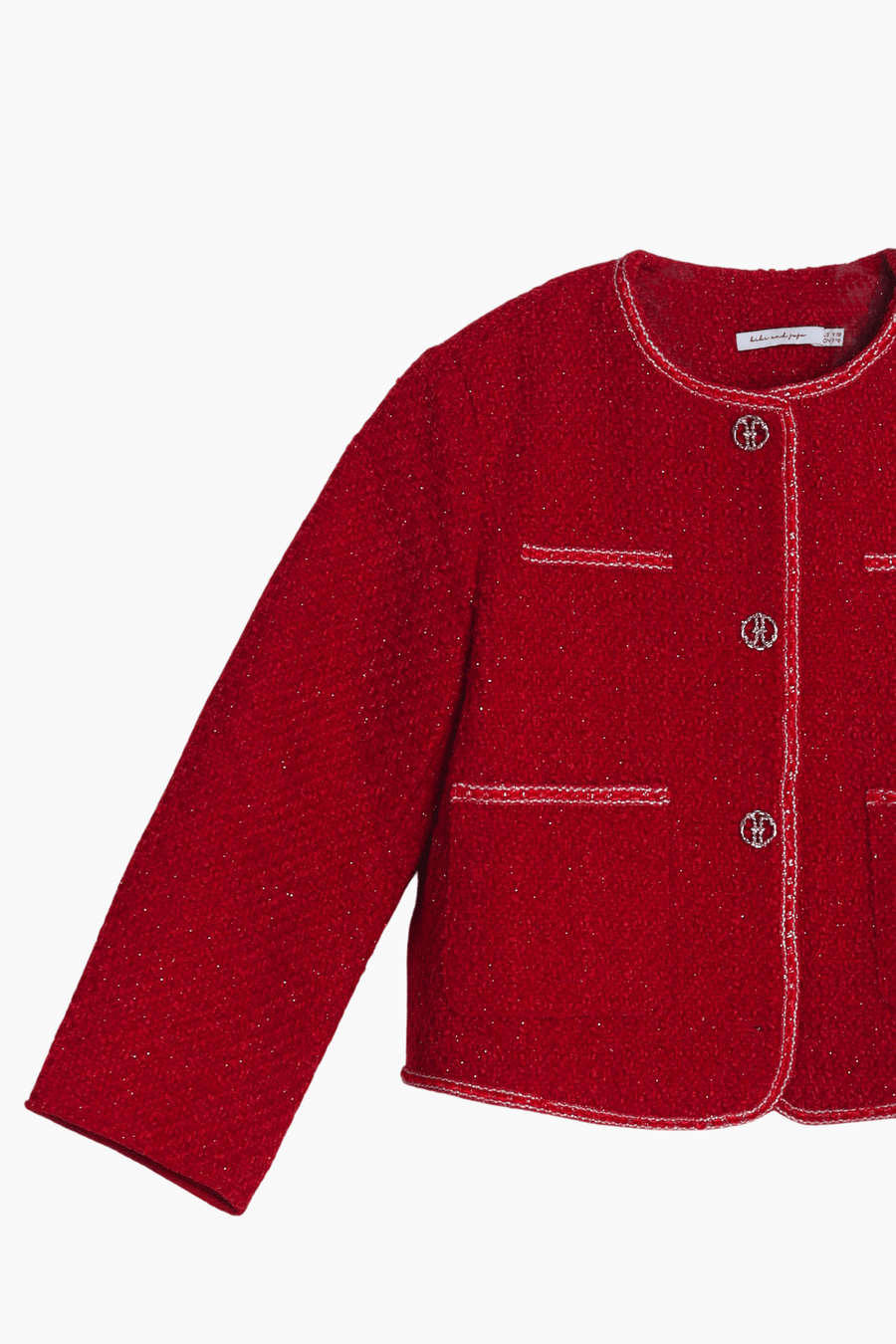 The KIKI and JOJO Girls Tweed Jacket in cranberry red features long sleeves, a cropped fit, four front pockets, a round neckline, and champagne gold buttons—shown against a white background.