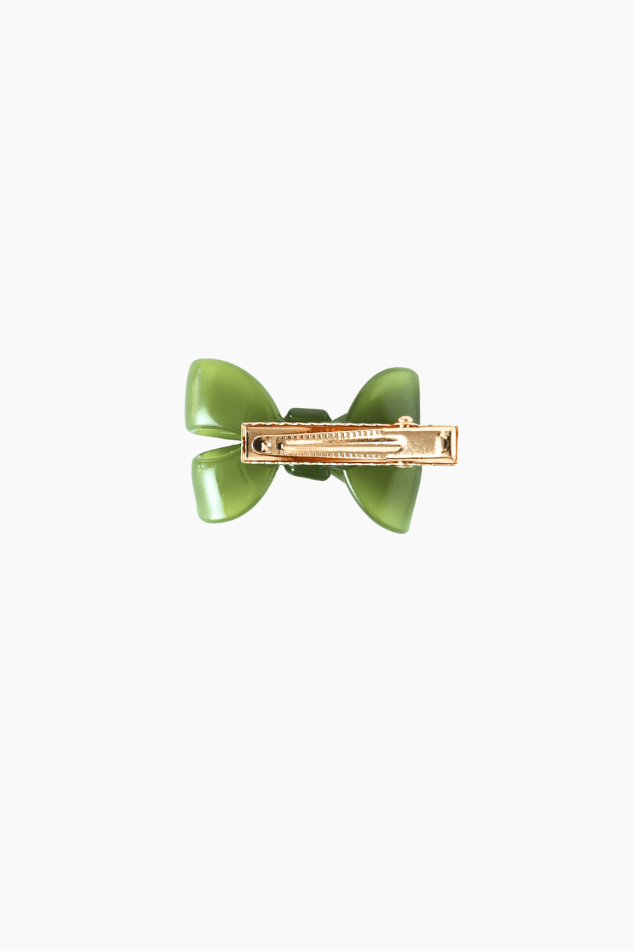 The KIKI and JOJO Girls Sheer Double Bow Hair Clip in Moss Olive features a pearl-like shimmer, a gold metal clasp, and is shown from the back on a white background.