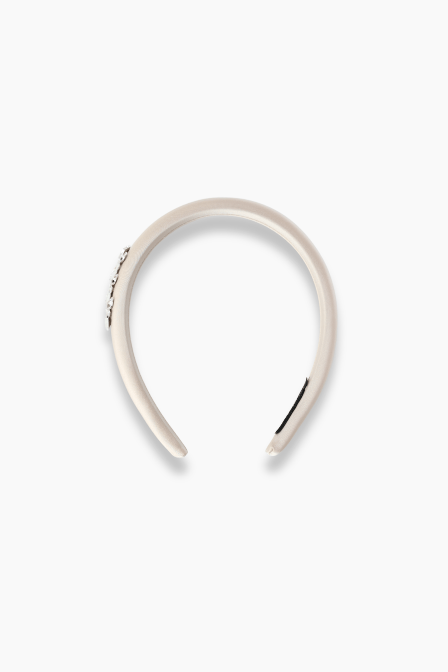 The Girls Silk Satin Jeweled & Padded Headband in Champagne by KIKI and JOJO, shown from above on a white background, offers a minimalist yet radiant look—ideal for pairing with diamanté accessories on special occasions.