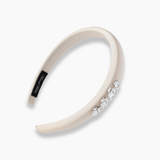 KIKI and JOJO Girls Silk Satin Jeweled & Padded Headband in Champagne features a row of sparkling diamantés on one side, shown against a white background.