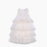 KIKI and JOJO Girls Sparkle Sleeveless Tulle Dress in champagne features a sequined bodice and tiered ruffled tulle skirt, shown on a plain white background.