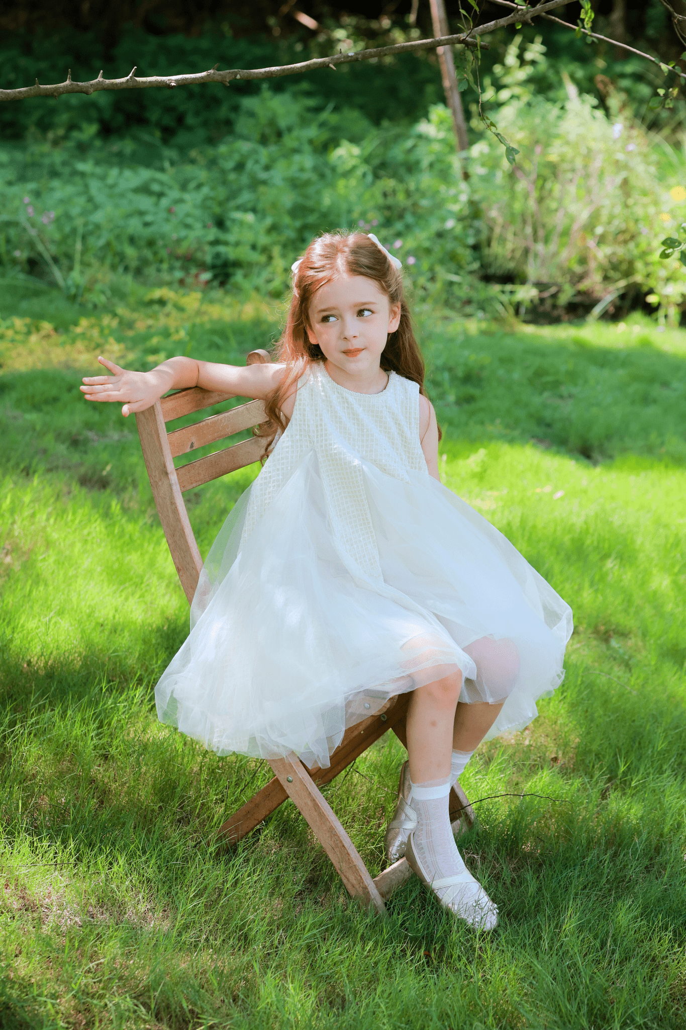 Girls Textured Velvet Sleeveless Embroidered Dress - Ivory