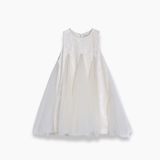 KIKI and JOJO Girls Textured Velvet Sleeveless Embroidered Dress in ivory, featuring an elegant bodice and flared tulle skirt, is shown against a plain white background.