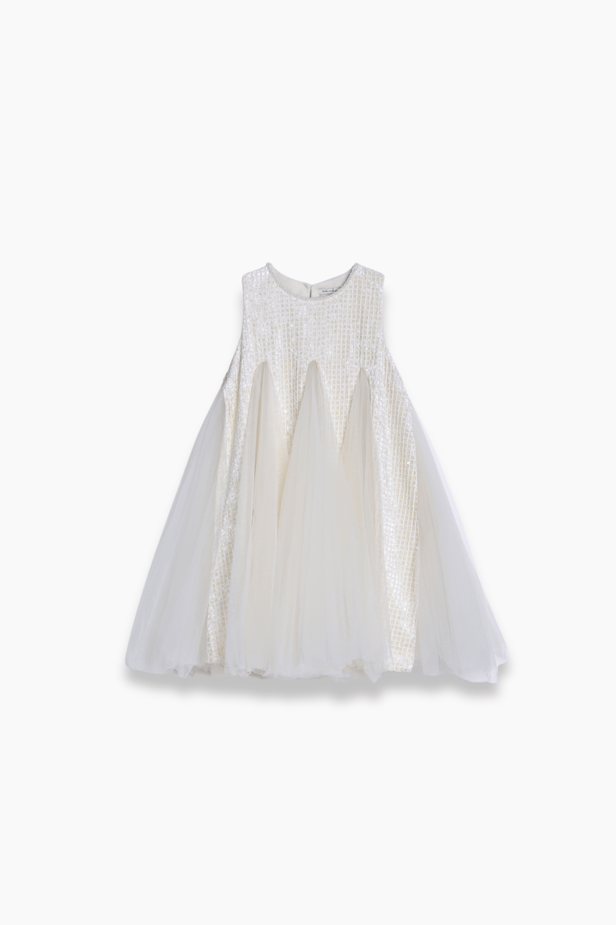 KIKI and JOJO Girls Textured Velvet Sleeveless Embroidered Dress in ivory, featuring an elegant bodice and flared tulle skirt, is shown against a plain white background.