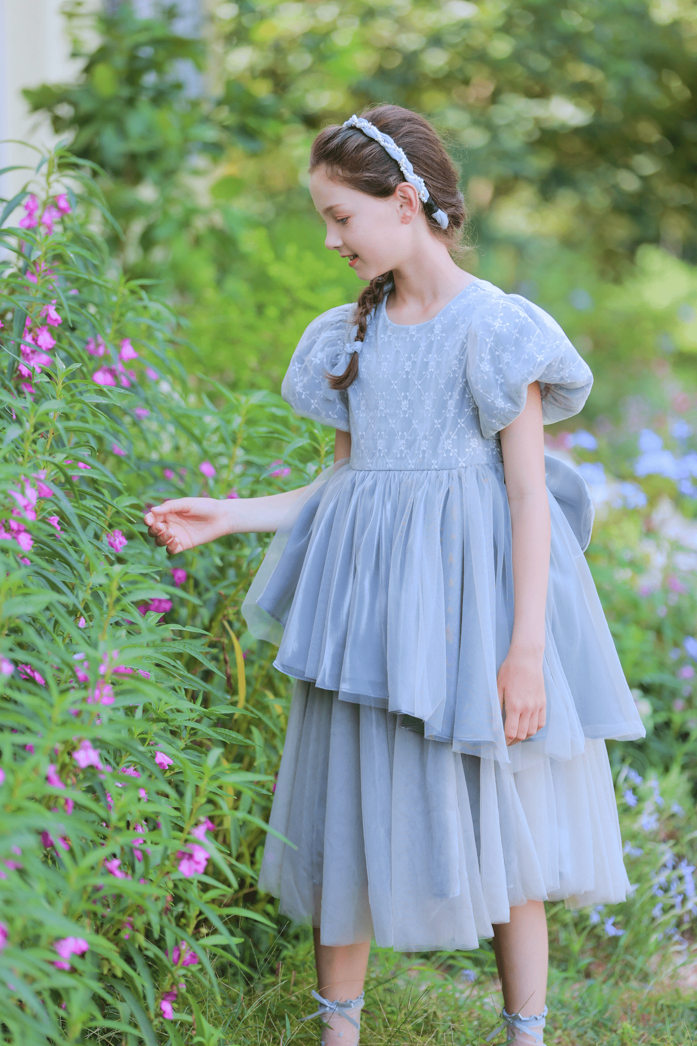 Girls Velvet Asymmetrical Hem Puff Sleeve Dress - Gray