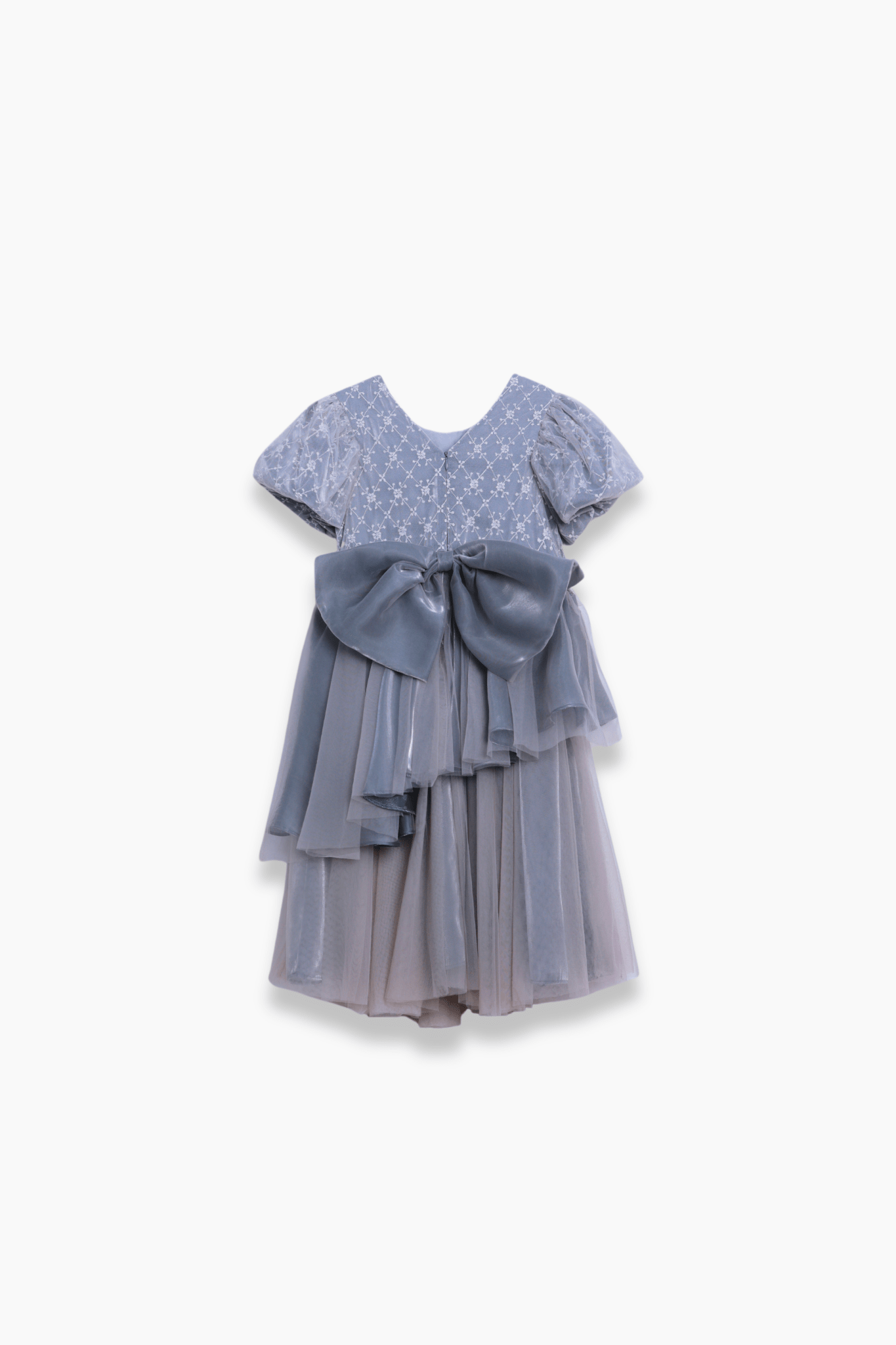 Girls Velvet Asymmetrical Hem Puff Sleeve Dress - Gray