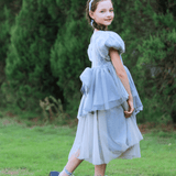 A young girl in a gray KIKI and JOJO Girls Velvet Asymmetrical Hem Puff Sleeve Dress with a headband stands on grass, looking over her shoulder, with green trees in the background.