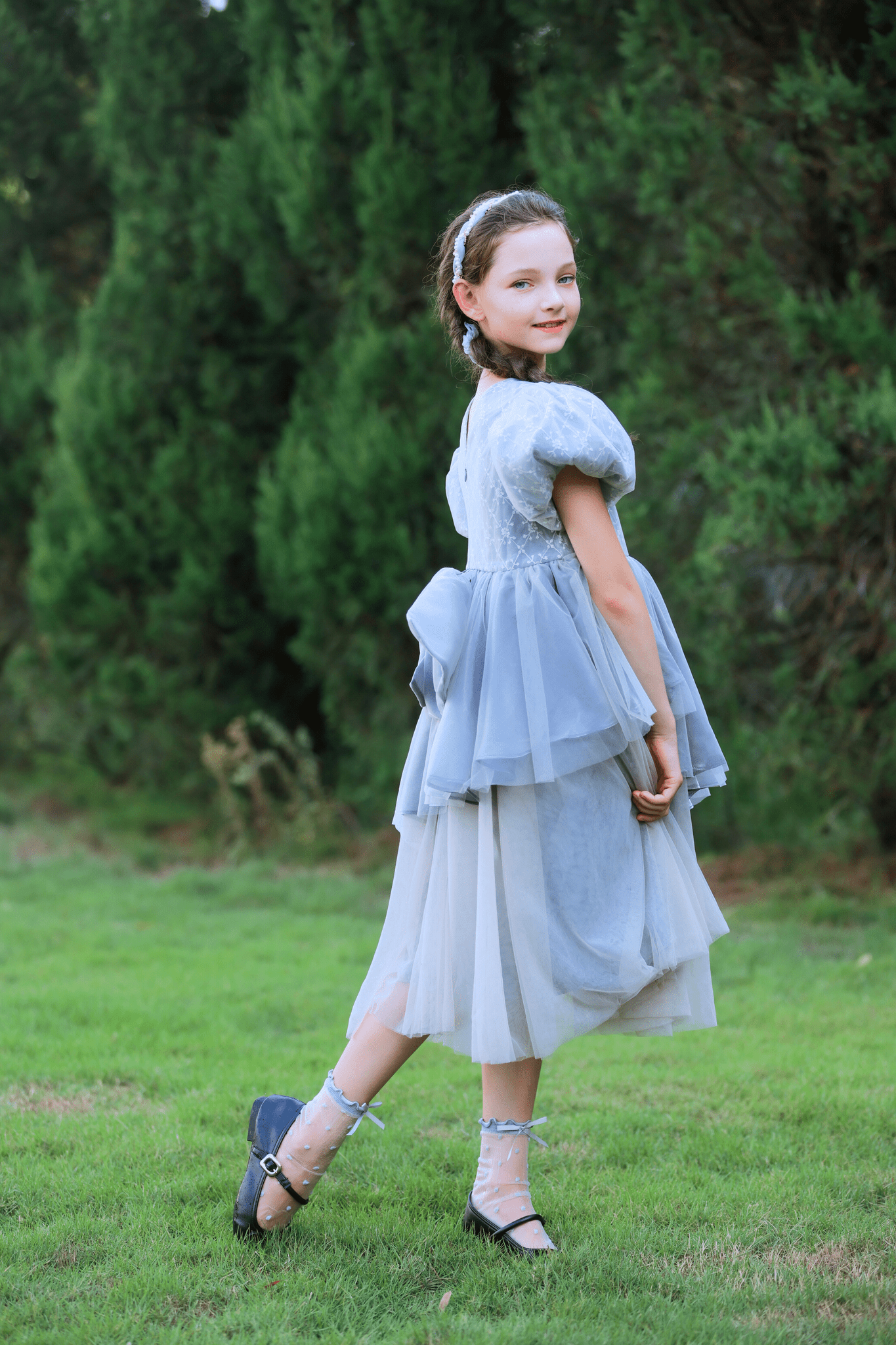 Girls Velvet Asymmetrical Hem Puff Sleeve Dress - Gray