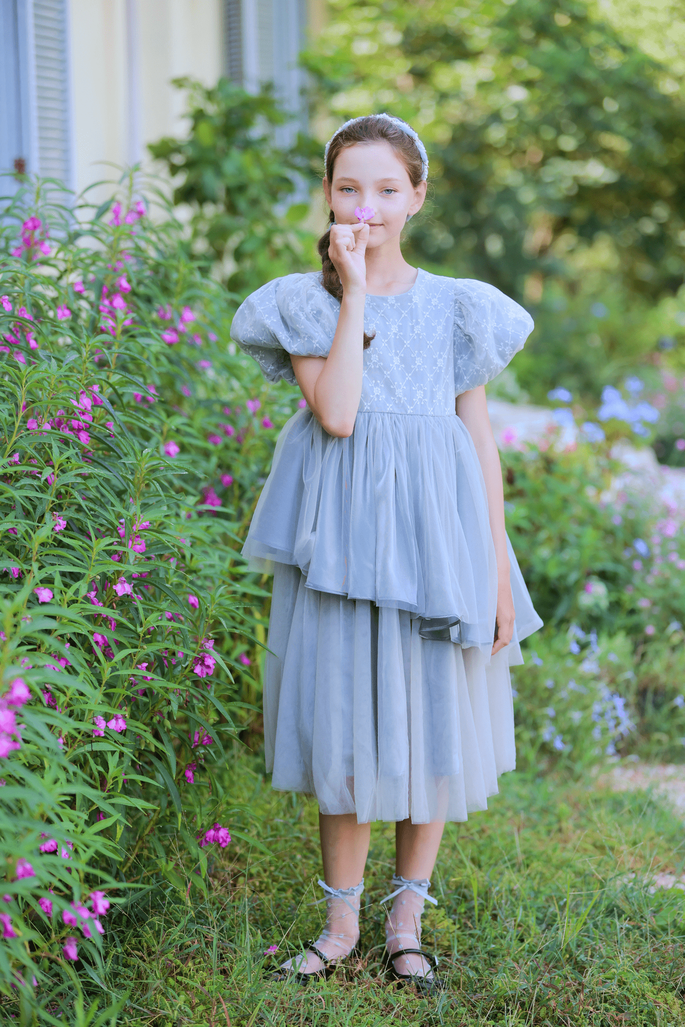 Girls Velvet Asymmetrical Hem Puff Sleeve Dress - Gray