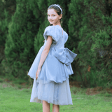 A young girl stands on grass outdoors, smiling sideways, wearing the KIKI and JOJO Girls Velvet Asymmetrical Hem Puff Sleeve Dress in gray, with tall green trees in the background.