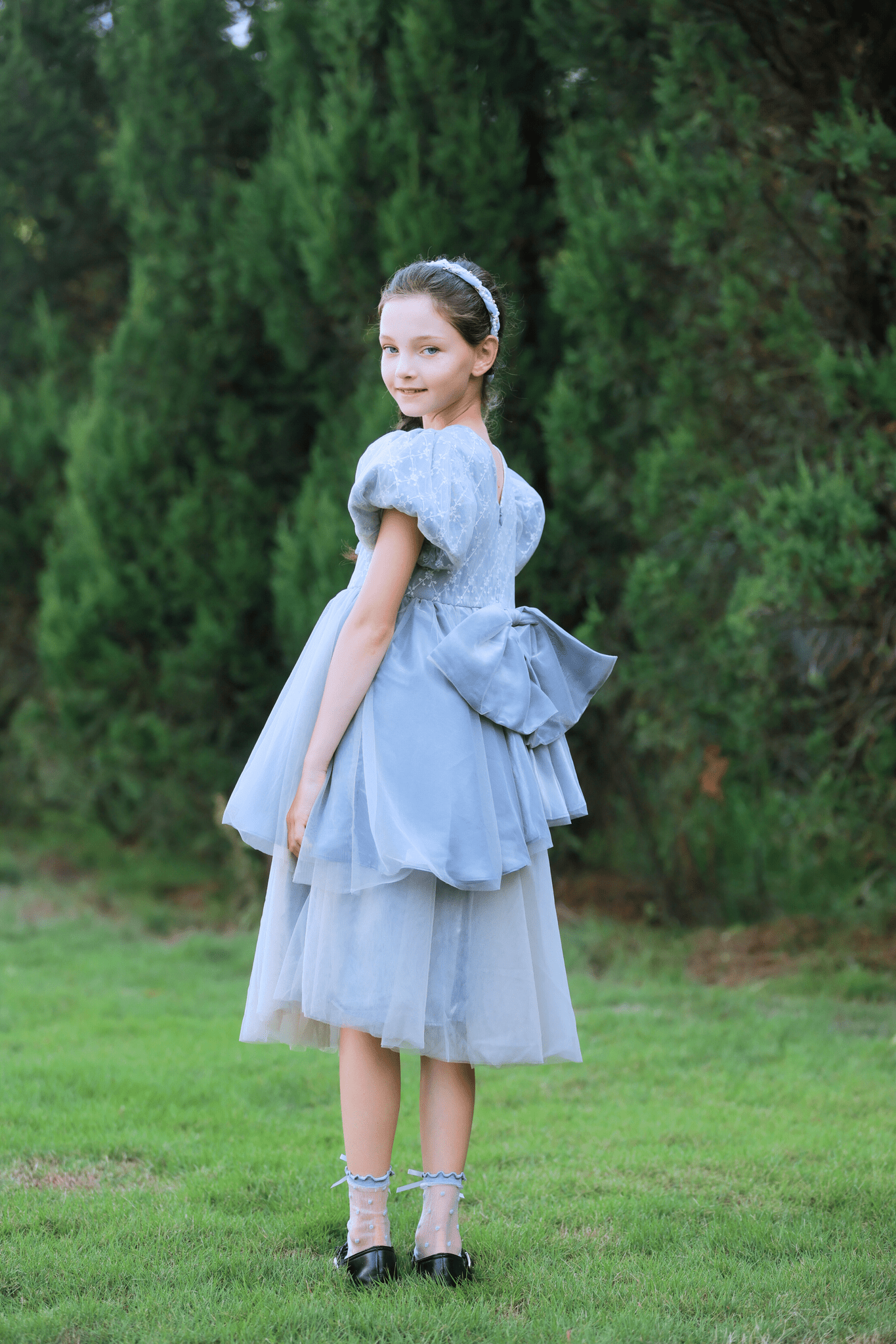 Girls Velvet Asymmetrical Hem Puff Sleeve Dress - Gray