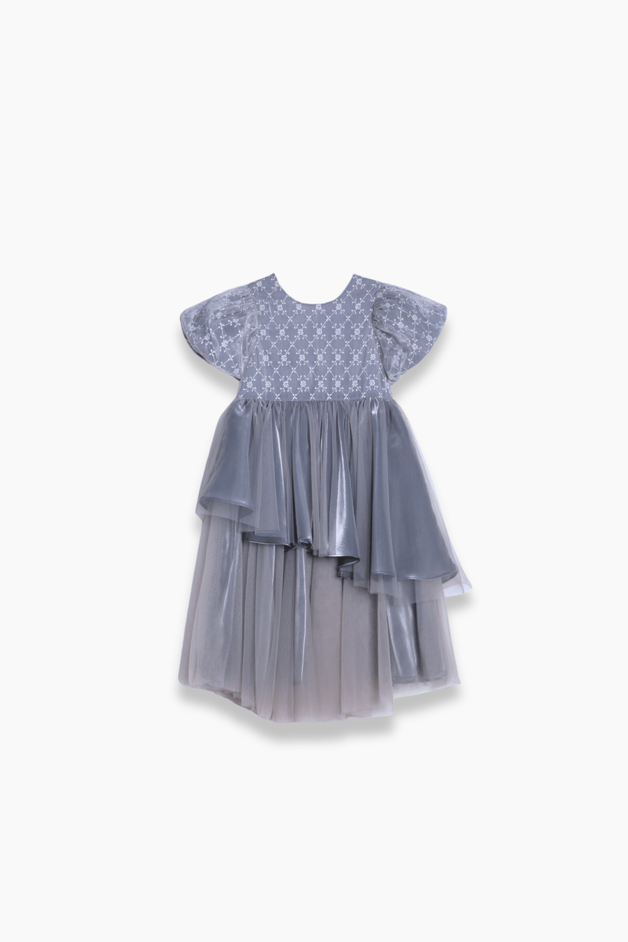 The KIKI and JOJO Girls Velvet Asymmetrical Hem Puff Sleeve Dress in gray features a layered tulle skirt and jacquard embroidery, shown on a white background.