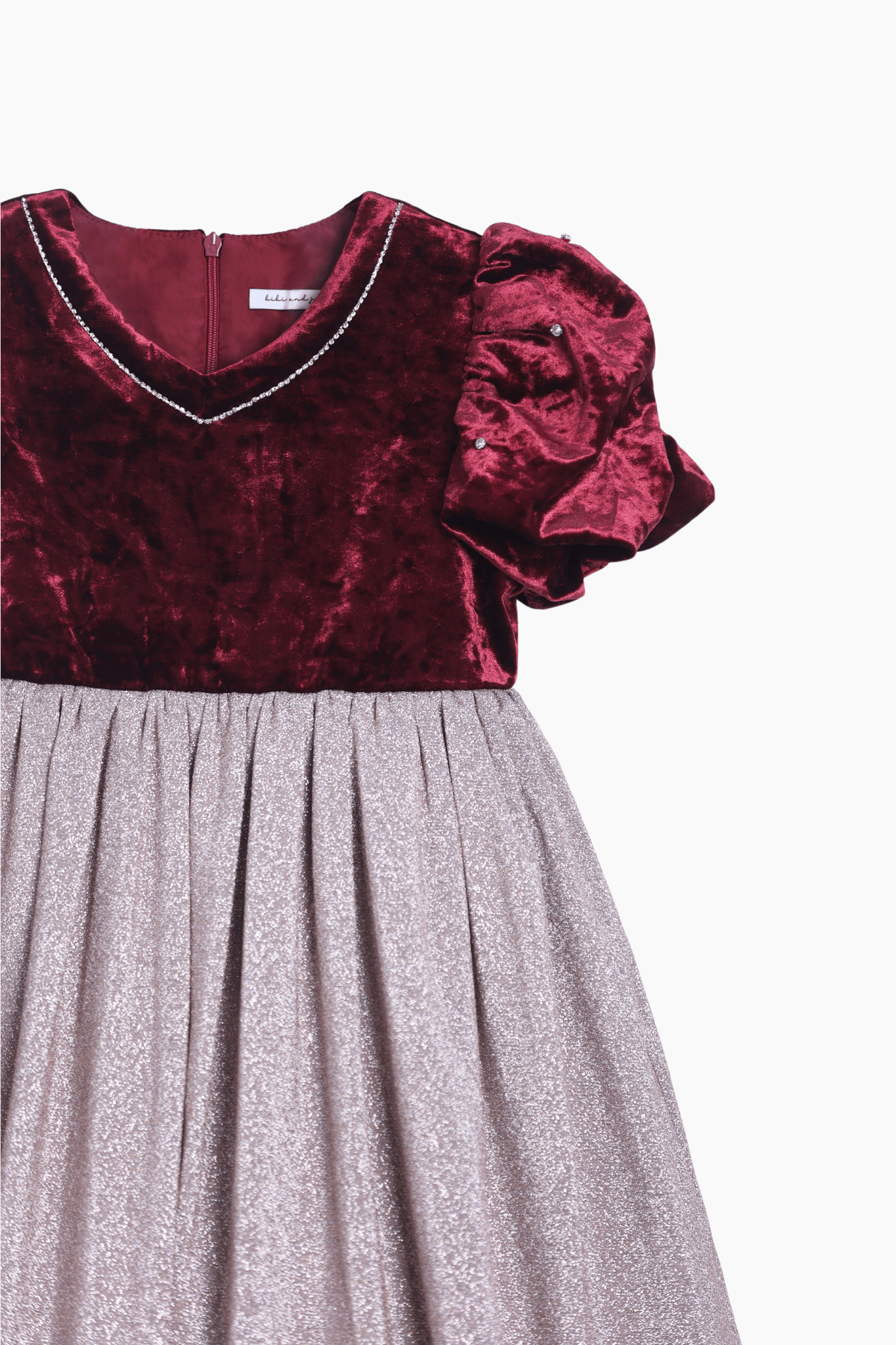 Girls Velvet Puff Sleeve Dress with Rhinestone Trim - Burgundy Red