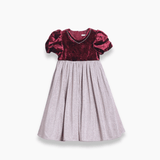 The KIKI and JOJO Girls Velvet Puff Sleeve Dress with Rhinestone Trim features a luxurious burgundy red velvet bodice, short puffed sleeves, and a sparkling full-length silver skirt—ideal for special occasions.