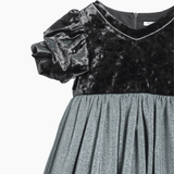 The KIKI and JOJO Girls Velvet Puff Sleeve Dress with Rhinestone Trim in forest green features puffed short sleeves and a sparkling skirt, perfect for special occasions, shown against a white background.