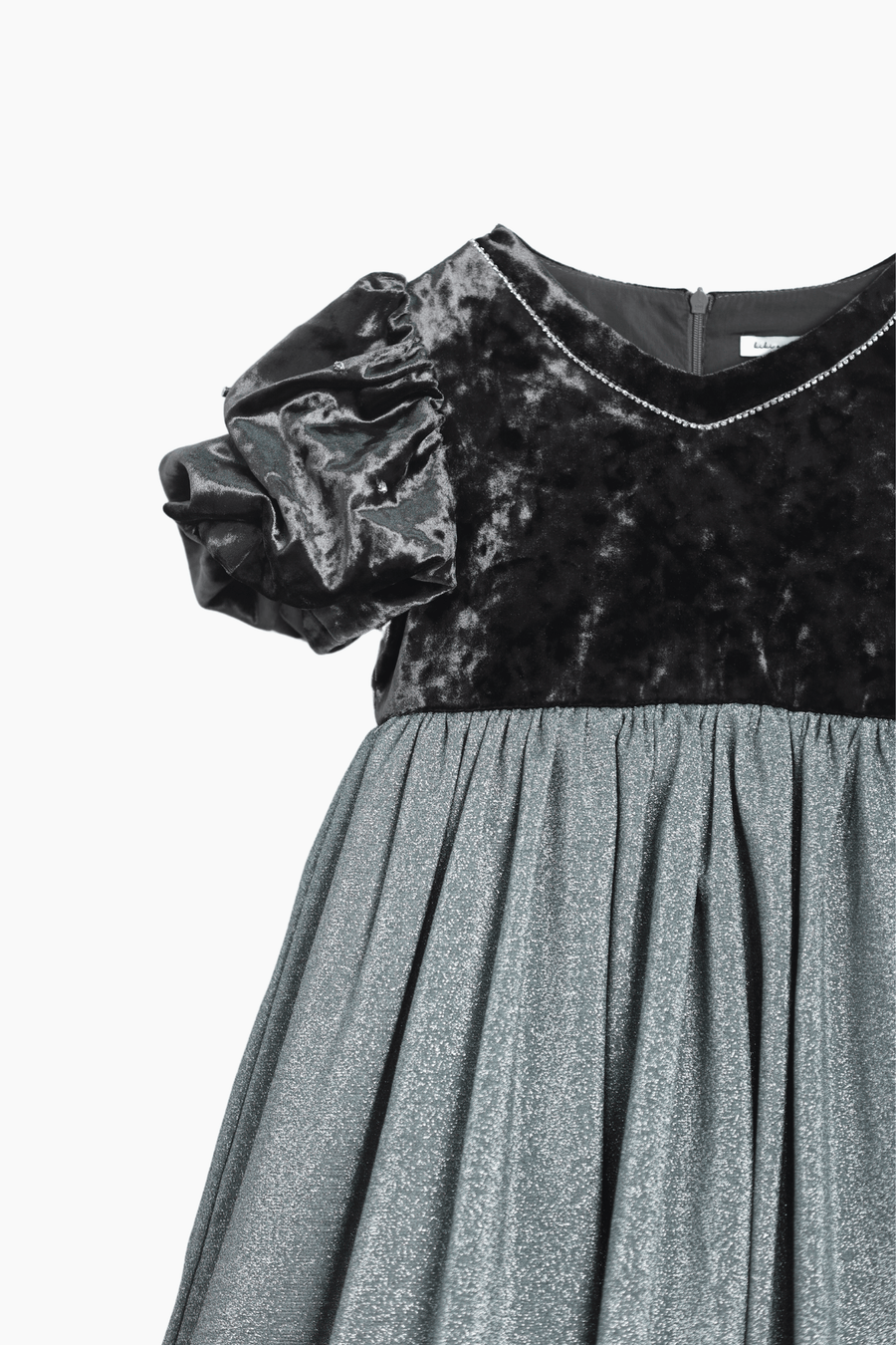 The KIKI and JOJO Girls Velvet Puff Sleeve Dress with Rhinestone Trim in forest green features puffed short sleeves and a sparkling skirt, perfect for special occasions, shown against a white background.