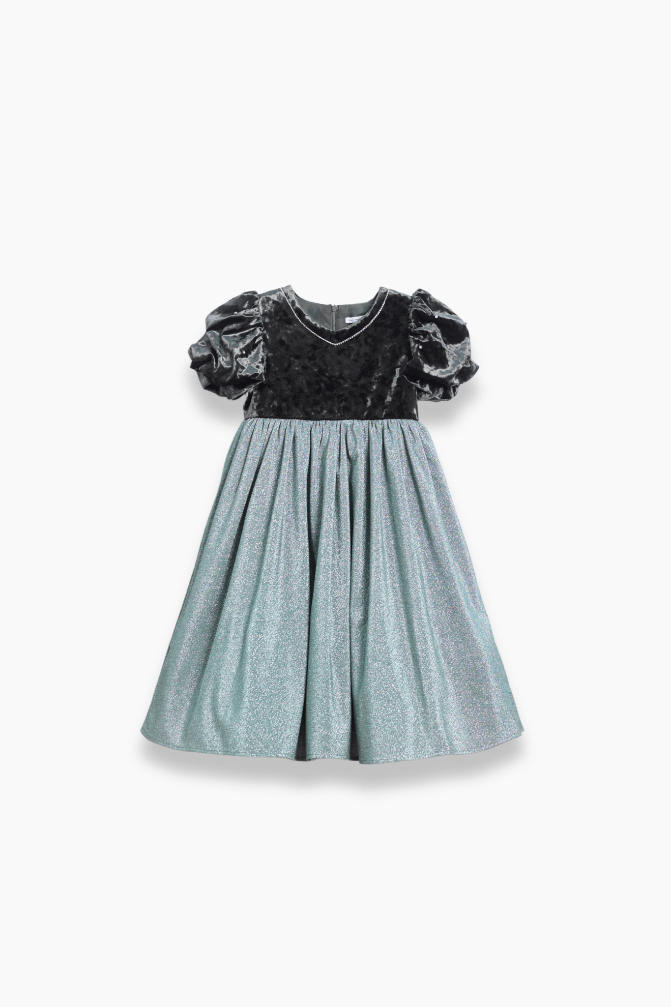 Girls Velvet Puff Sleeve Dress with Rhinestone Trim -  Forest Green