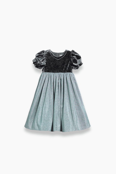 The KIKI and JOJO Girls Velvet Puff Sleeve Dress with Rhinestone Trim in forest green features a luxurious velvet bodice, short puff sleeves, and a flared skirt—ideal for special occasions and displayed on a white background.