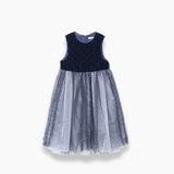 The KIKI and JOJO Girls Velvet & Tulle Dress - Sapphire Blue features a sleeveless velvet bodice and layered gray tulle skirt, ideal for special occasions. Shown on a white background.