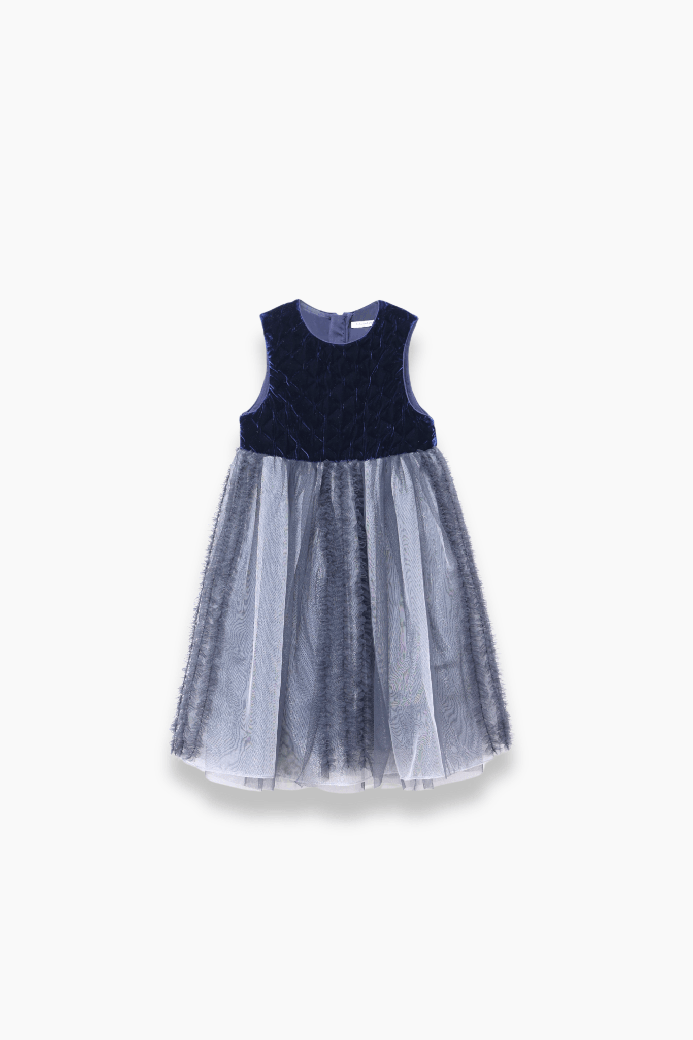 The KIKI and JOJO Girls Velvet & Tulle Dress - Sapphire Blue features a sleeveless velvet bodice and layered gray tulle skirt, ideal for special occasions. Shown on a white background.