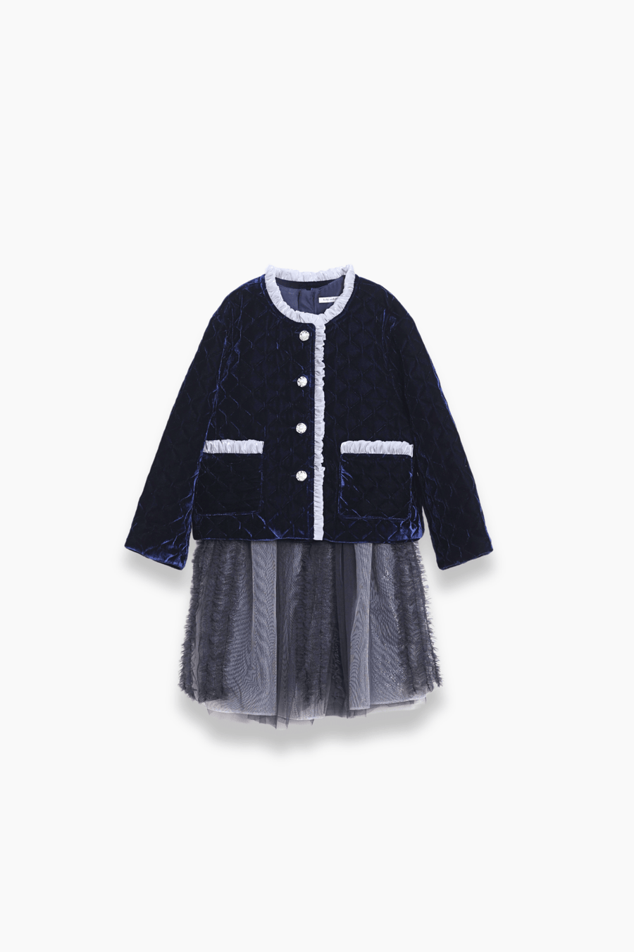 The KIKI and JOJO Girls Velvet & Tulle Dress in Sapphire Blue features a quilted navy bodice with white trim, button details, and a matching tulle skirt with a gray mesh underlayer—perfect for special occasions. Displayed on a white background.