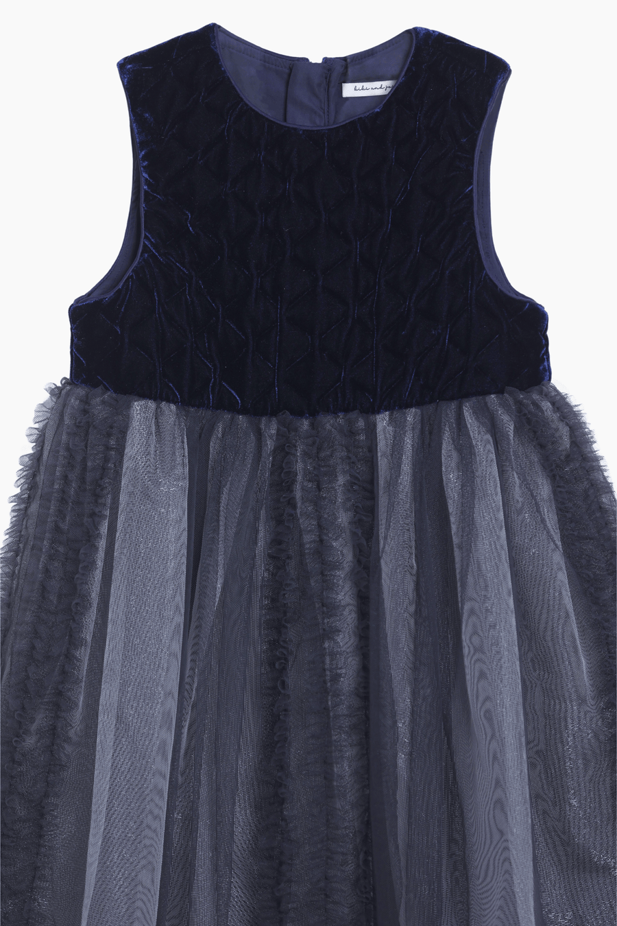 The KIKI and JOJO Girls Velvet & Tulle Dress in Sapphire Blue features a sleeveless, dark blue velvet bodice and layered matching tulle skirt—perfect for special occasions, shown on a white background.