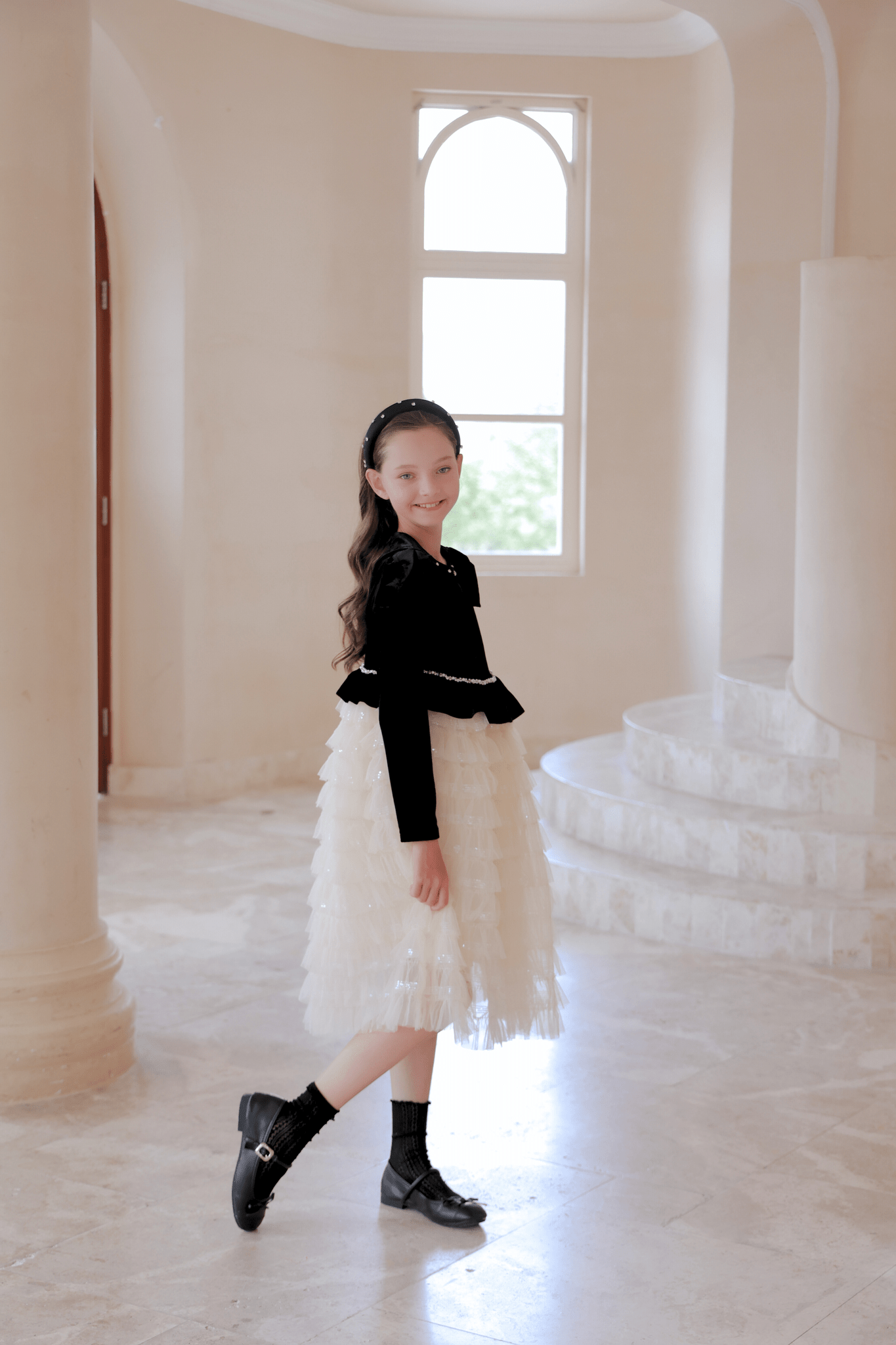 Girls Velvet & Tulle Sparkle Dress - Black/Ivory