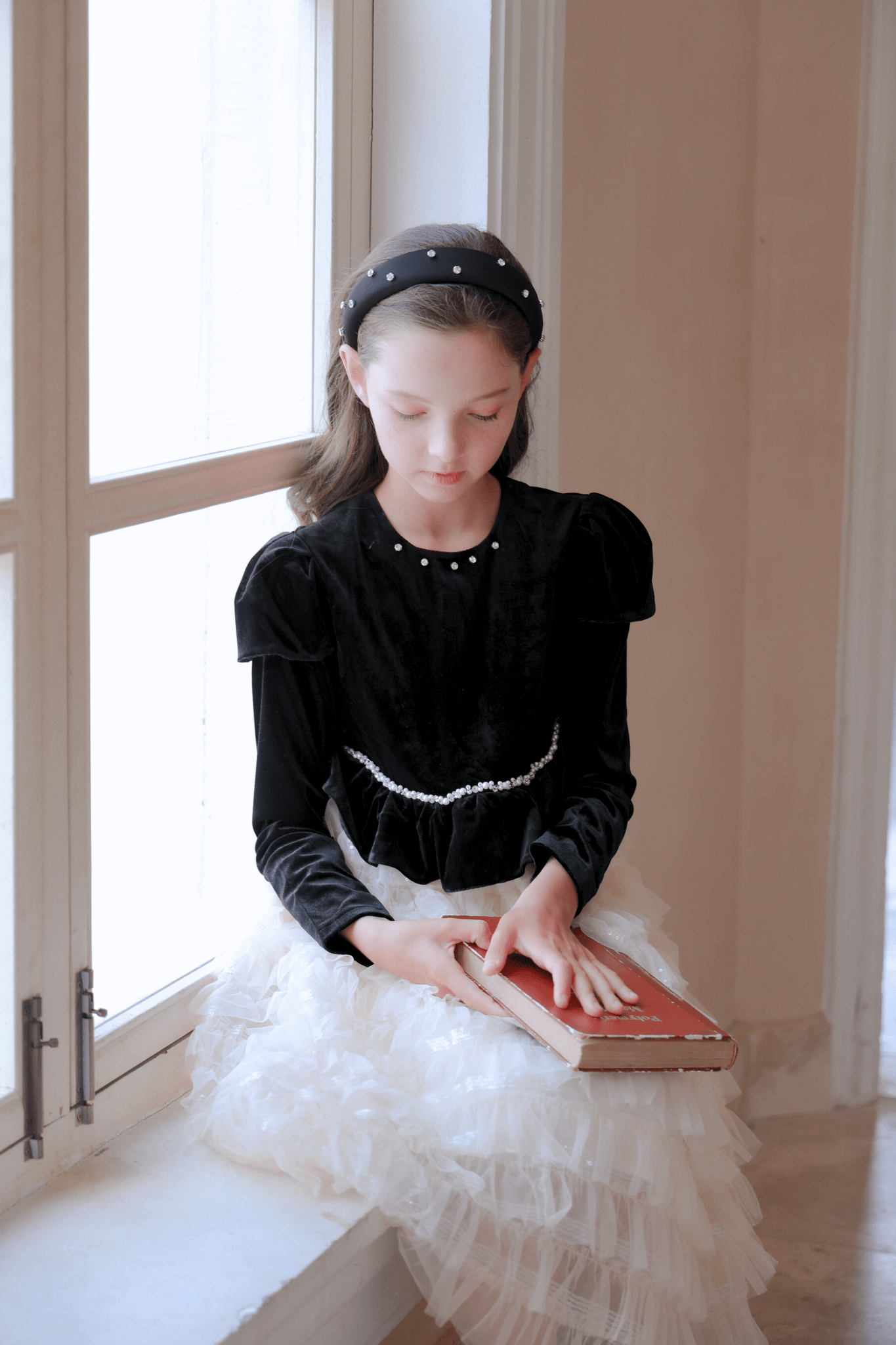 Girls Velvet & Tulle Sparkle Dress - Black/Ivory