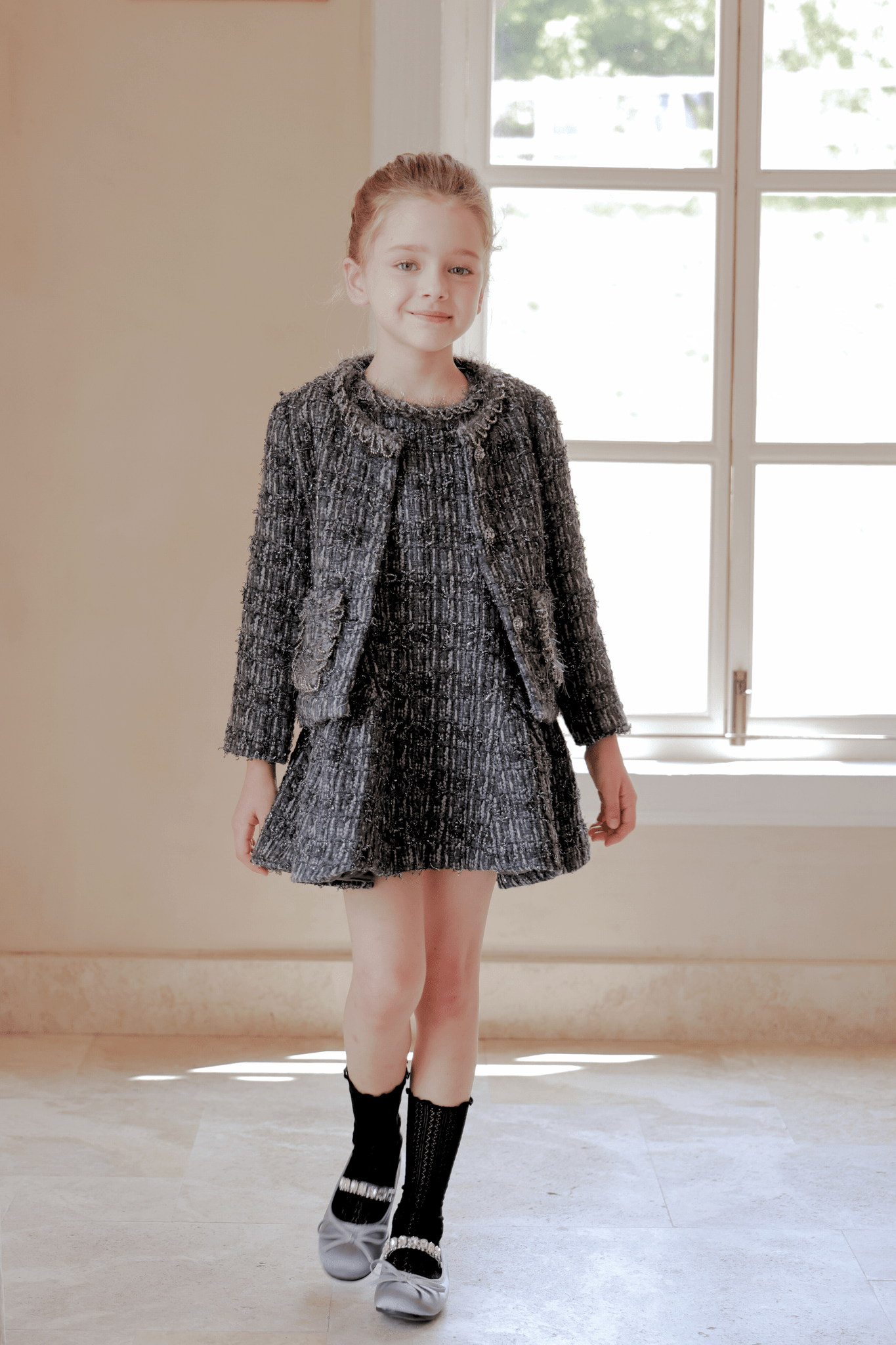 Girls Vintage Beaded Tweed Jacket - Gray