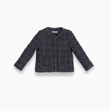 The Girls Vintage Beaded Tweed Jacket in gray by KIKI and JOJO features long sleeves, a round neckline, and button-down front, exuding classic elegance as it lays flat on a white background.