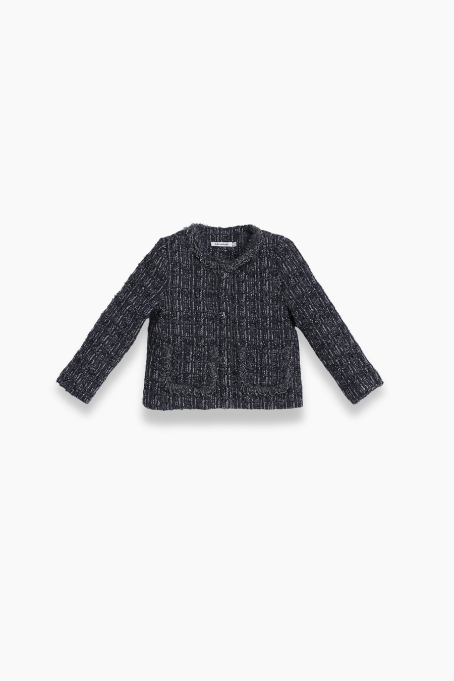 The Girls Vintage Beaded Tweed Jacket in gray by KIKI and JOJO features long sleeves, a round neckline, and button-down front, exuding classic elegance as it lays flat on a white background.