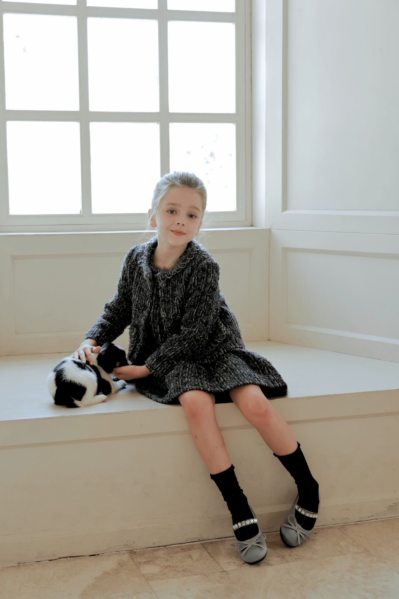 Girls Vintage Beaded Tweed Wave-Hem Dress - Gray