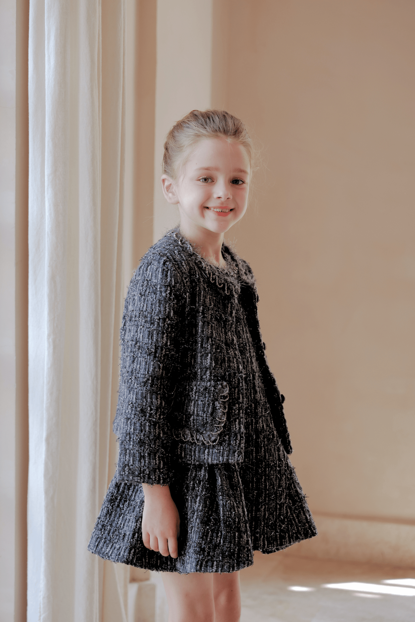 Girls Vintage Beaded Tweed Wave-Hem Dress - Gray