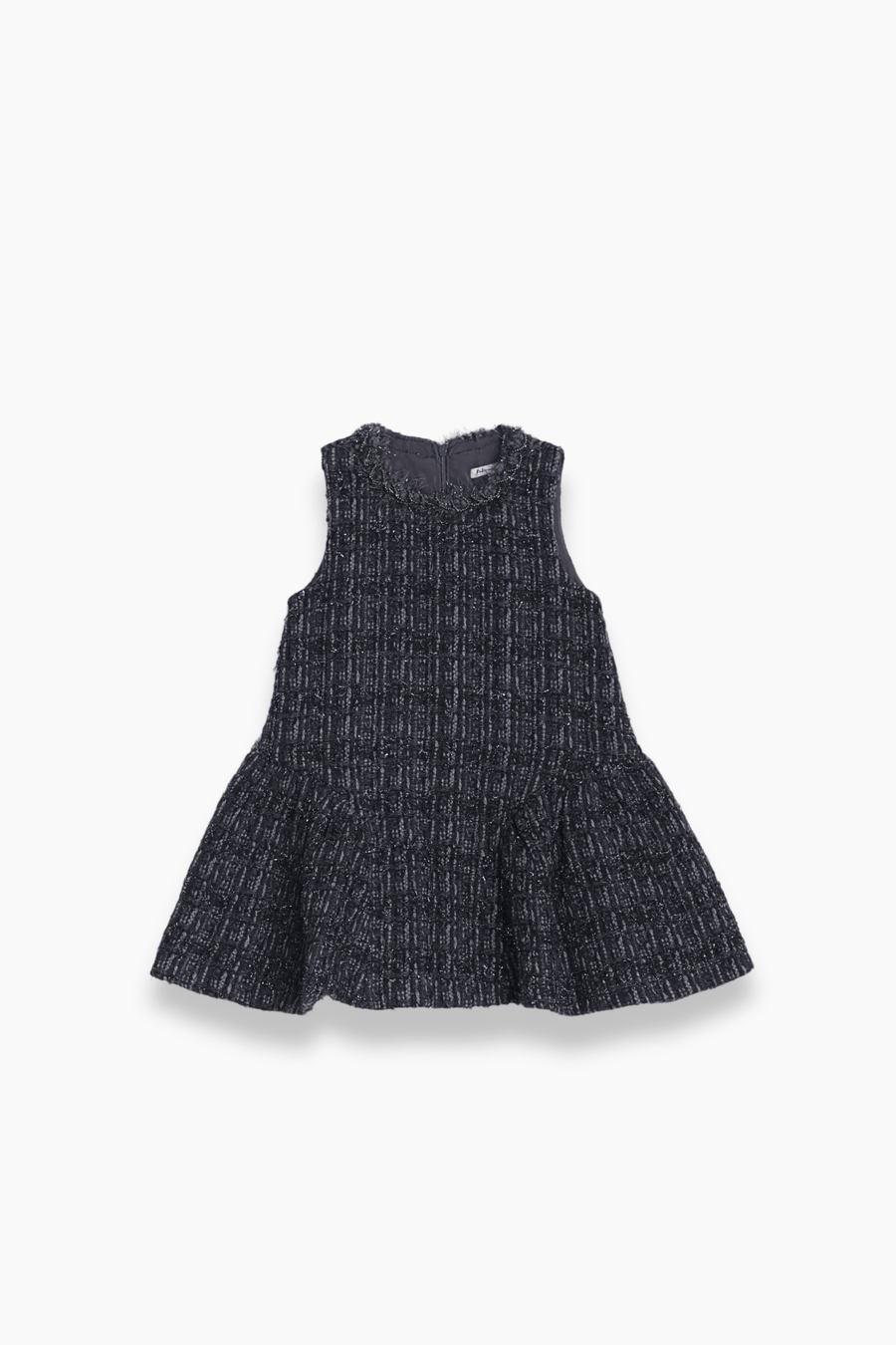 The KIKI and JOJO Girls Vintage Beaded Tweed Wave-Hem Dress in gray features a sleeveless design, round neckline, and flared skirt—perfect for special occasions. Displayed on a plain white background.