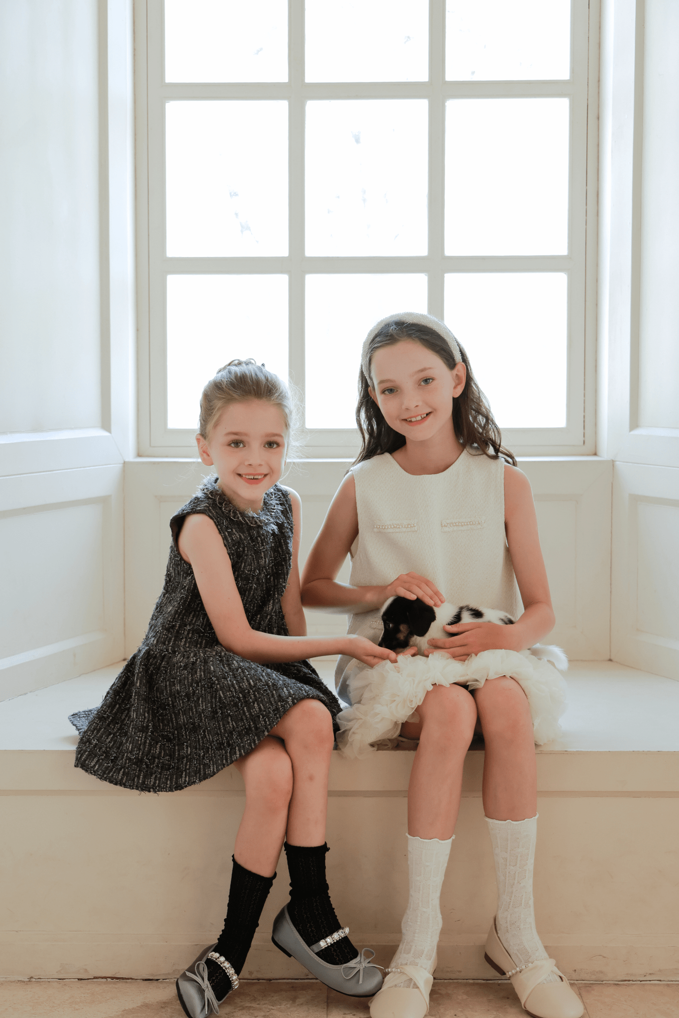Girls Vintage Beaded Tweed Wave-Hem Dress - Gray