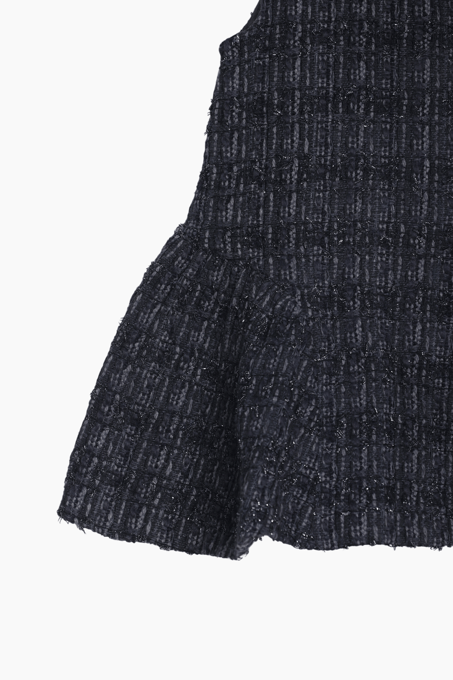 Close-up of the KIKI and JOJO Girls Vintage Beaded Tweed Wave-Hem Dress in gray, featuring a flared, ruffled hem—ideal for special occasions.