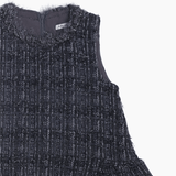 The KIKI and JOJO Girls Vintage Beaded Tweed Wave-Hem Dress in gray features a sleeveless design, decorative vintage-style beads on the neckline, and a visible back zipper—perfect for any special occasion.