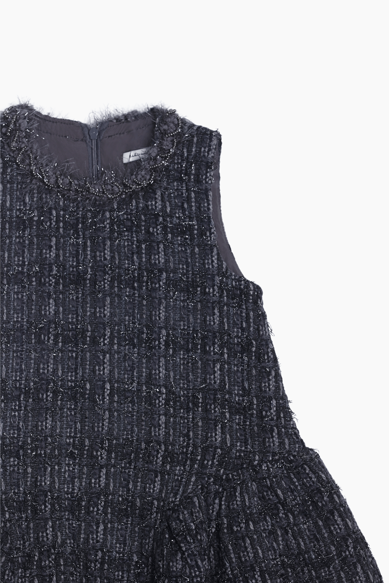 Girls Vintage Beaded Tweed Wave-Hem Dress - Gray