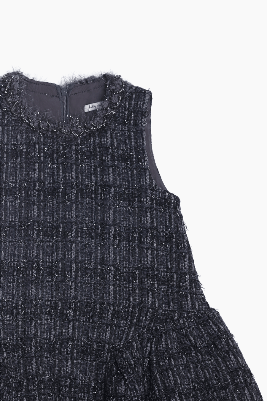 The KIKI and JOJO Girls Vintage Beaded Tweed Wave-Hem Dress in gray features a sleeveless design, decorative vintage-style beads on the neckline, and a visible back zipper—perfect for any special occasion.