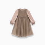 The KIKI and JOJO Girls Vintage Elegance Embroidered Velvet & Tulle Dress features long pleated pink sleeves, a lace bodice, and a layered taupe tulle skirt—perfect for formal occasions, shown on a white background.