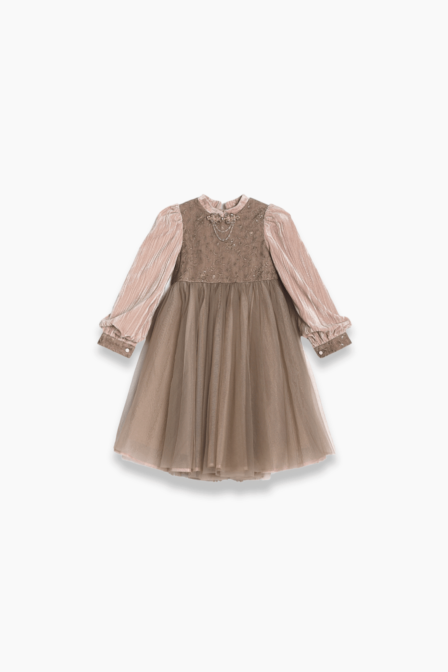 The KIKI and JOJO Girls Vintage Elegance Embroidered Velvet & Tulle Dress features long pleated pink sleeves, a lace bodice, and a layered taupe tulle skirt—perfect for formal occasions, shown on a white background.