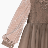 The KIKI and JOJO Girls Vintage Elegance Embroidered Velvet & Tulle Dress features floral embroidery, beaded details, textured fabric, and a beige-brown tulle skirt—perfect for formal occasions.
