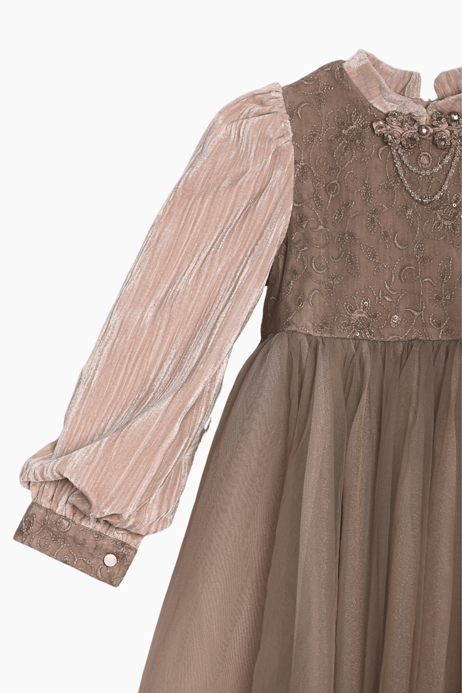 The KIKI and JOJO Girls Vintage Elegance Embroidered Velvet & Tulle Dress features floral embroidery, beaded details, textured fabric, and a beige-brown tulle skirt—perfect for formal occasions.